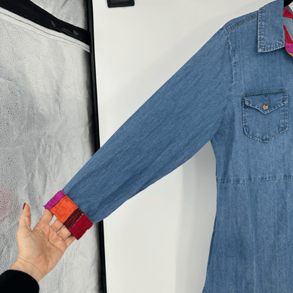 Vintage August Max Womens Denim Shirt Dress Midi Size L Cotton Silk Western Blue - Picture 13 of 16